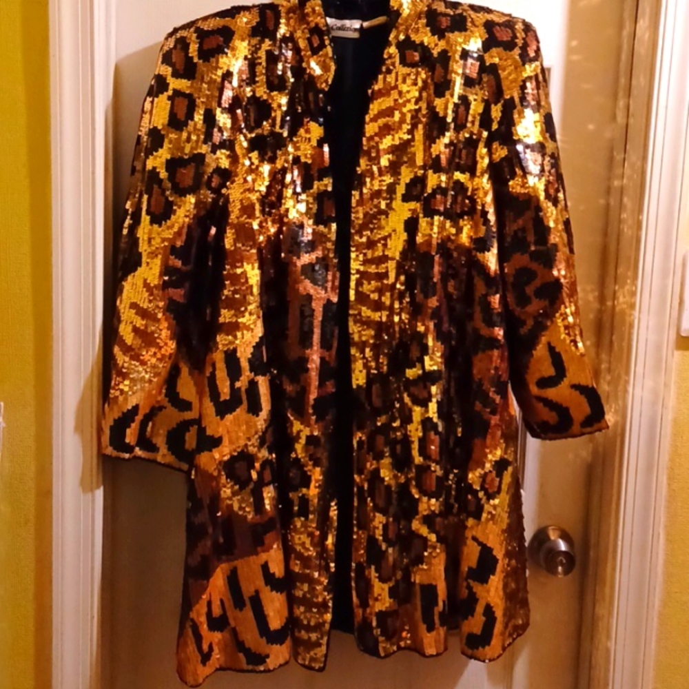 VINTAGE FRENCH COLLIZONI SEQUIN LEOPARD DESIGN 3/4 SWING COAT SIZE M